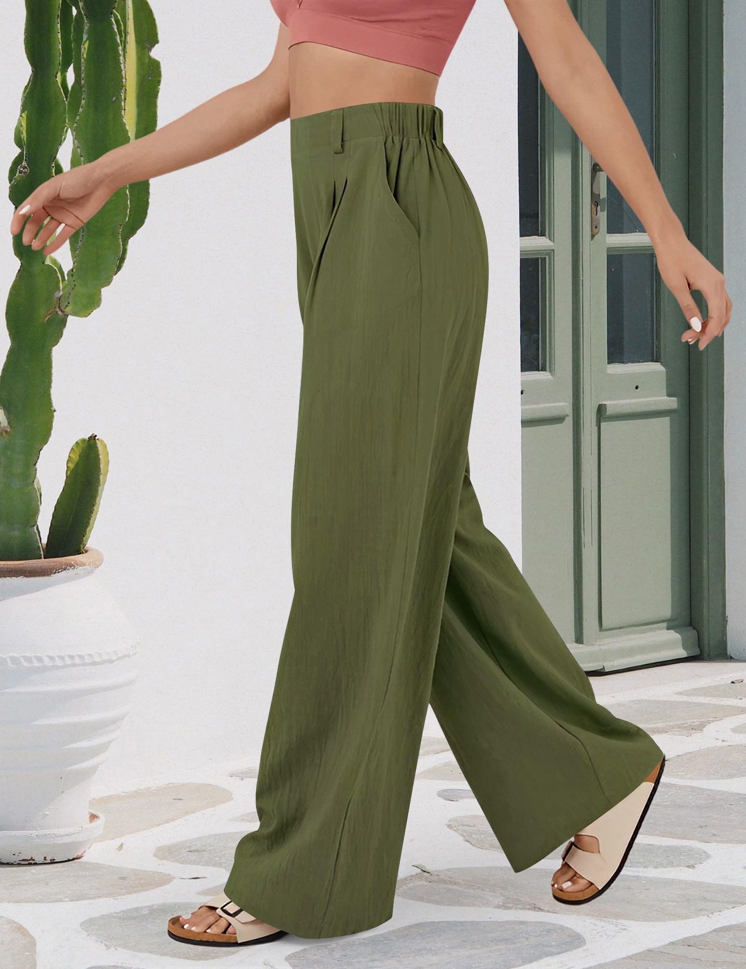 Ladies Wide Leg Work Trousers Elastic Waist Palazzo Trousers with Pockets