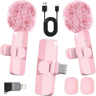 HONGJIEYUAN Pink Wireless Lavalier Microphone for iPhone & Android - Mini Clip-On Mic with Noise Cancellation, 65ft Range, 8H Battery, USB-C/Lightning - for TikTok, YouTube, Podcast, Live Streaming