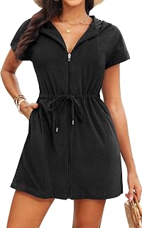 Terry Cloth Cover Ups - Hooded Cotton Swim Sun Cover-up with Zipper Pockets Beach Swimsuits