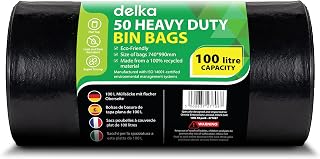 Delka Heavy Duty Black Bin Bags – Extra Strong, Leak-Proof Plastic Liners – Ideal for Kitchen, Home, DIY & Garden, Household, Office & Catering – Made from 100% Recycled Material (100L, 50 Pack)