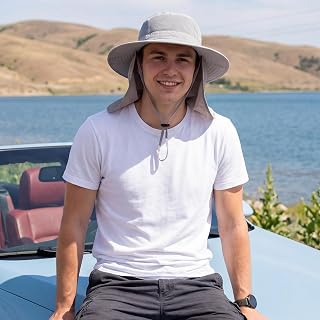 Sun Hats for Men Women with Neck Flap UV Protection UPF 50+ Wide Brim Fisherman Hat for Safari Hiking Fishing Light Grey