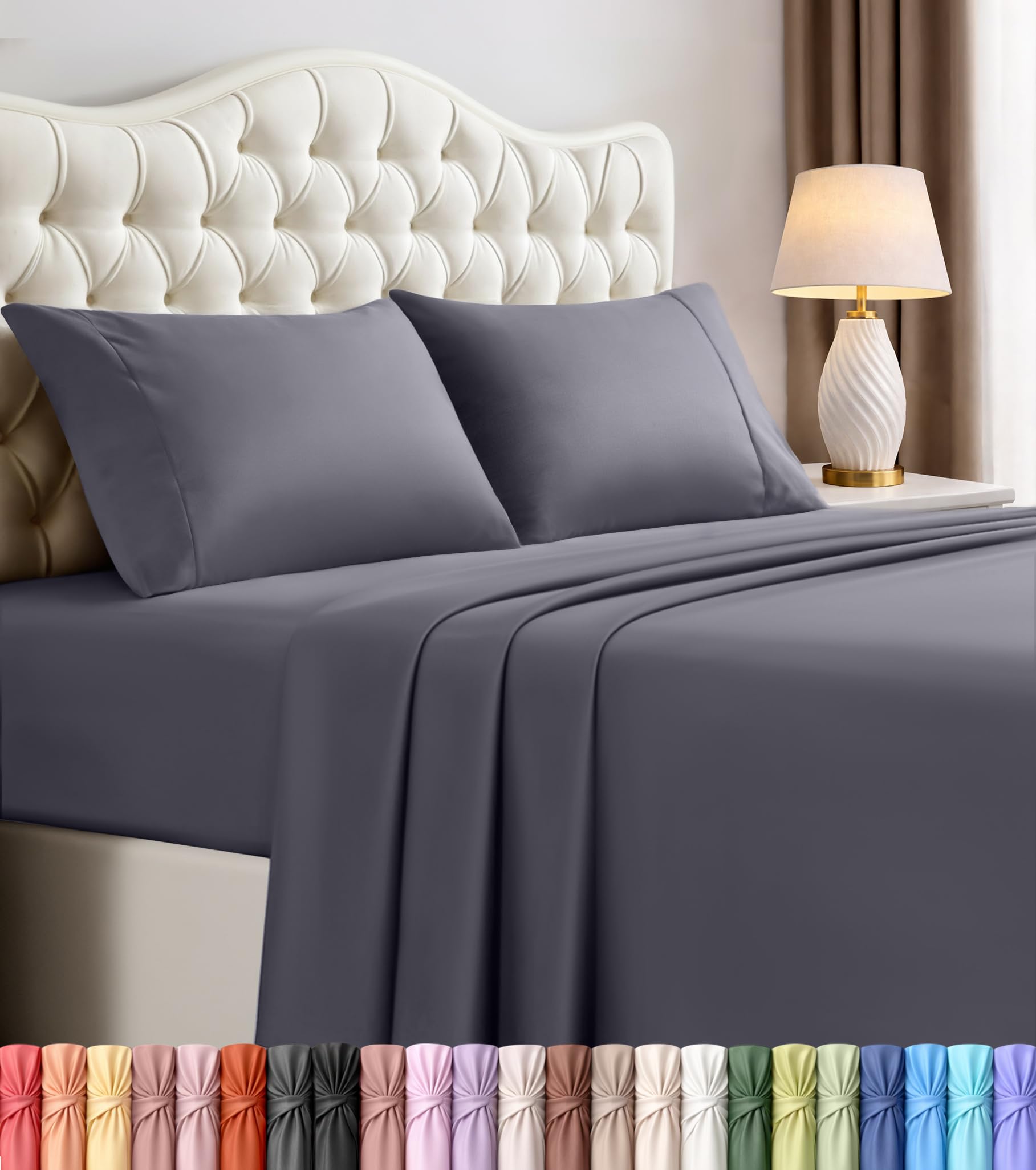 Queen Sheets Set, 4 Pieces 16" Deep Pocket Hotel Luxury Bed Sheets, Grey | Extra