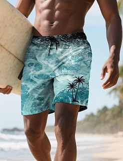 Costume da bagno hawaiano da uomo con fodera in rete e tasche, ad asciugatura rapida, pantaloncini da spiaggia per nuoto, surf, vacanze tropicali