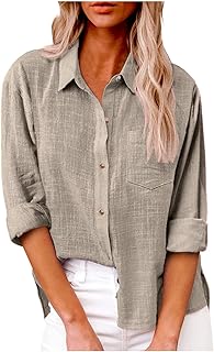 Womens Linen Shirts Summer Long Sleeve Lapel Blouse Lightweight Casual Button Down Shirt Loose Work Tops with Pockets