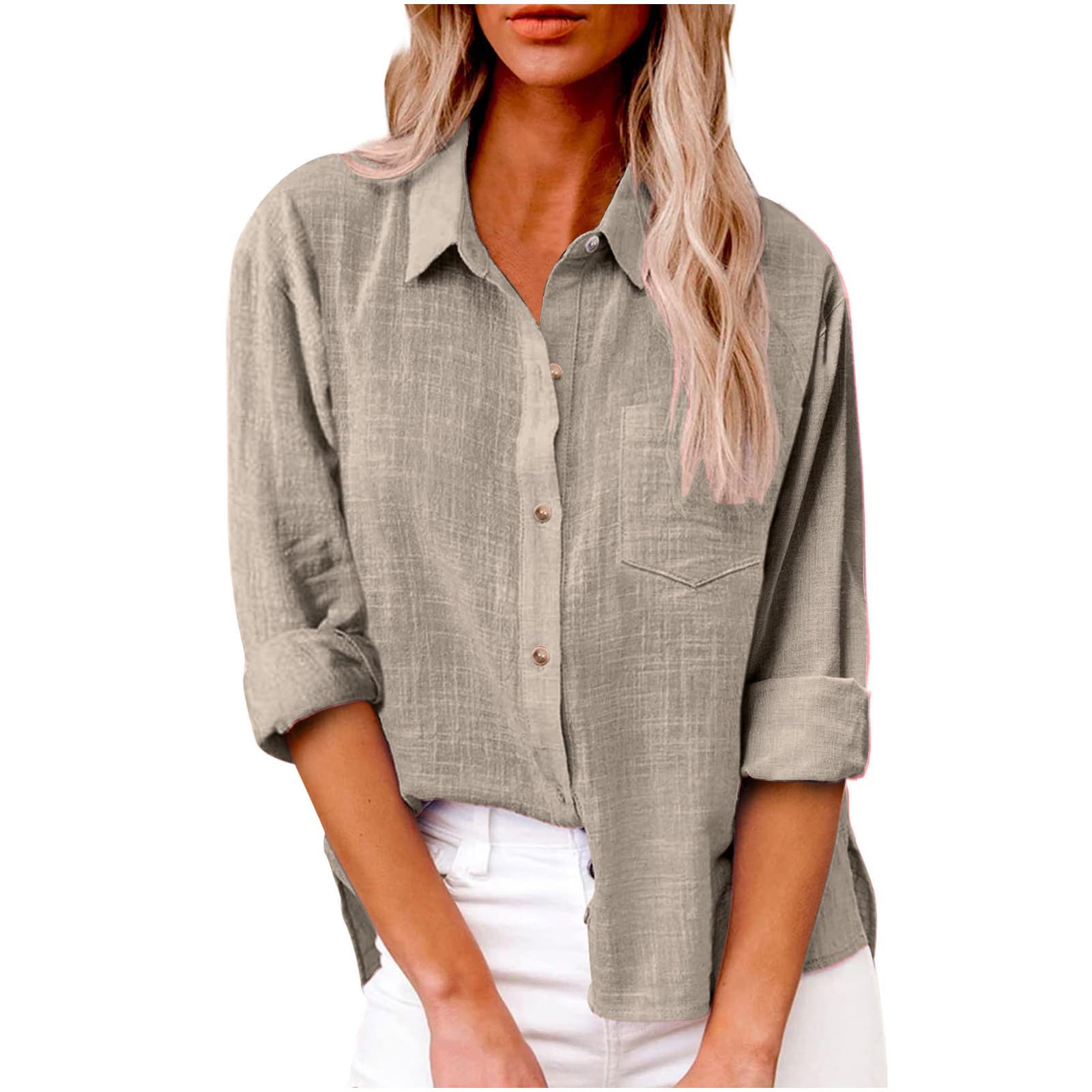 Womens Linen Shirts Summer Long Sleeve Lapel Blouse Lightweight Casual Button Do