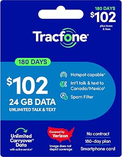 Tracfone $102 Unlimited Talk & Text, 24 GB of Data / 180 Days (Physical Card)