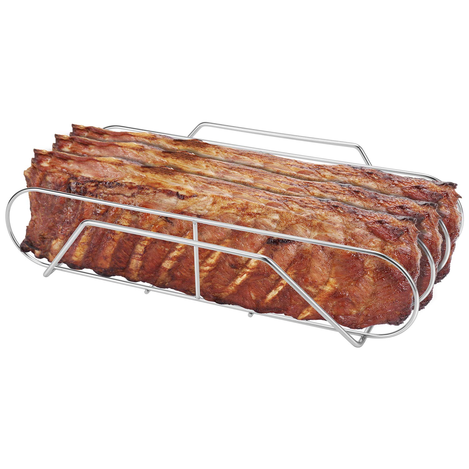 Extra Long Stainless Steel Rib Rack for Smoking and Grilling, Holds up to 3 Full