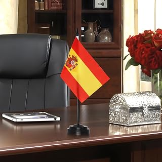 Deluxe Spanish Office Flags Set - 6 x 4 inch - Miniature Spanish Desktop Flag with 12 Inch Solid Pole - Bright Colors & Fade Resistant - Black Base and