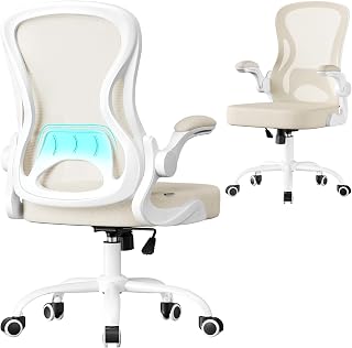 SONGMICS OBN042LH02 Ergonomic Office Chair, Mesh Swivel Desk Chair, Lumbar Support, Swinging Function, Folding Armrests, Study Bedroom, Cappuccino Beige and Cloud White