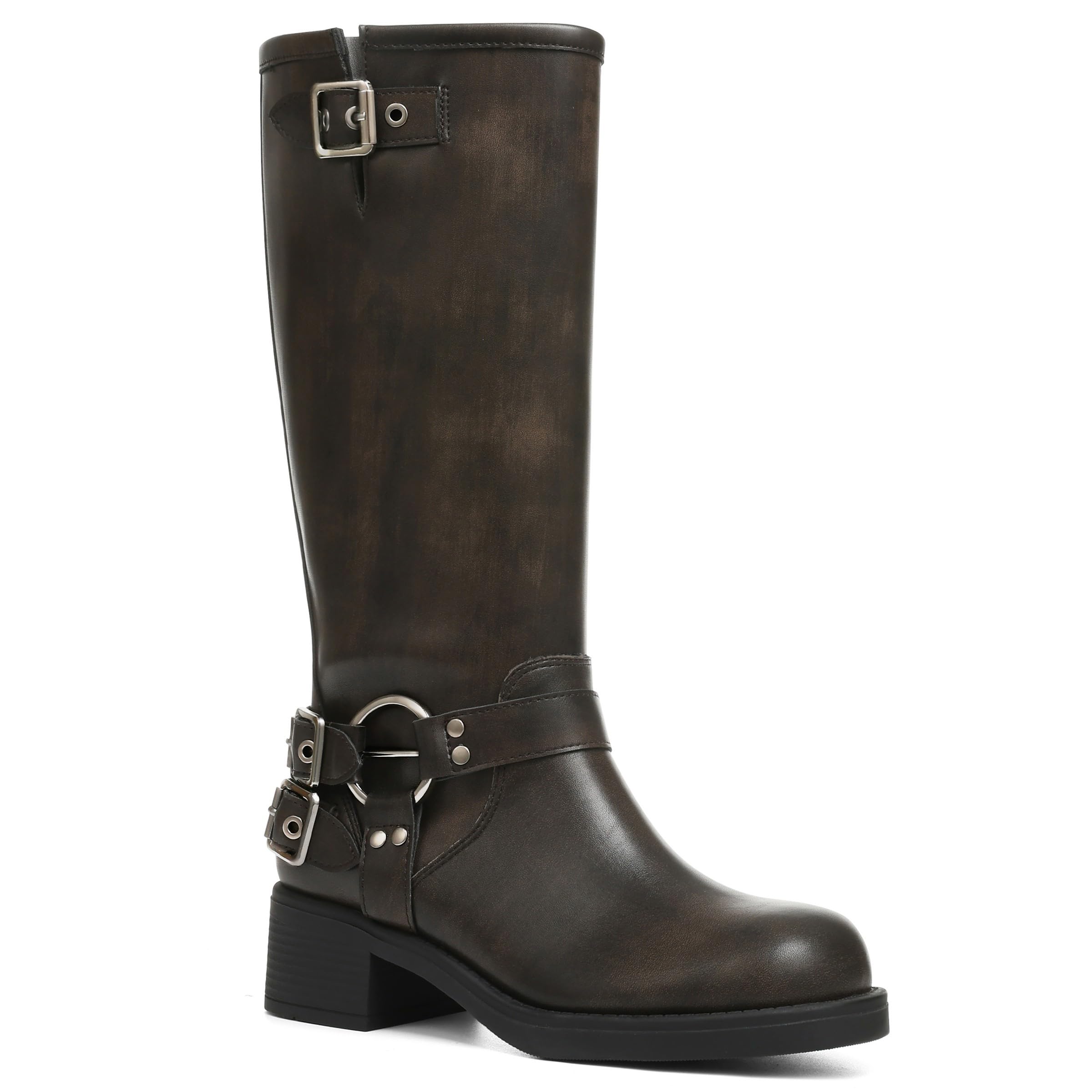 AMINUGAL Knee High Boots Women Moto Biker Buckle Tall Boots
