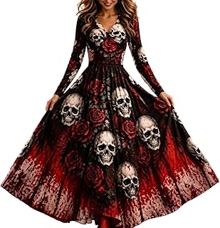 Halloween Costumes for Women, Gothic Dress Skeleton Print Costume UK Ladies V Neck Funny Skeleton Printed Halloween Flowy Maxi Dresses Plus Size Costumes Cosplay Party
