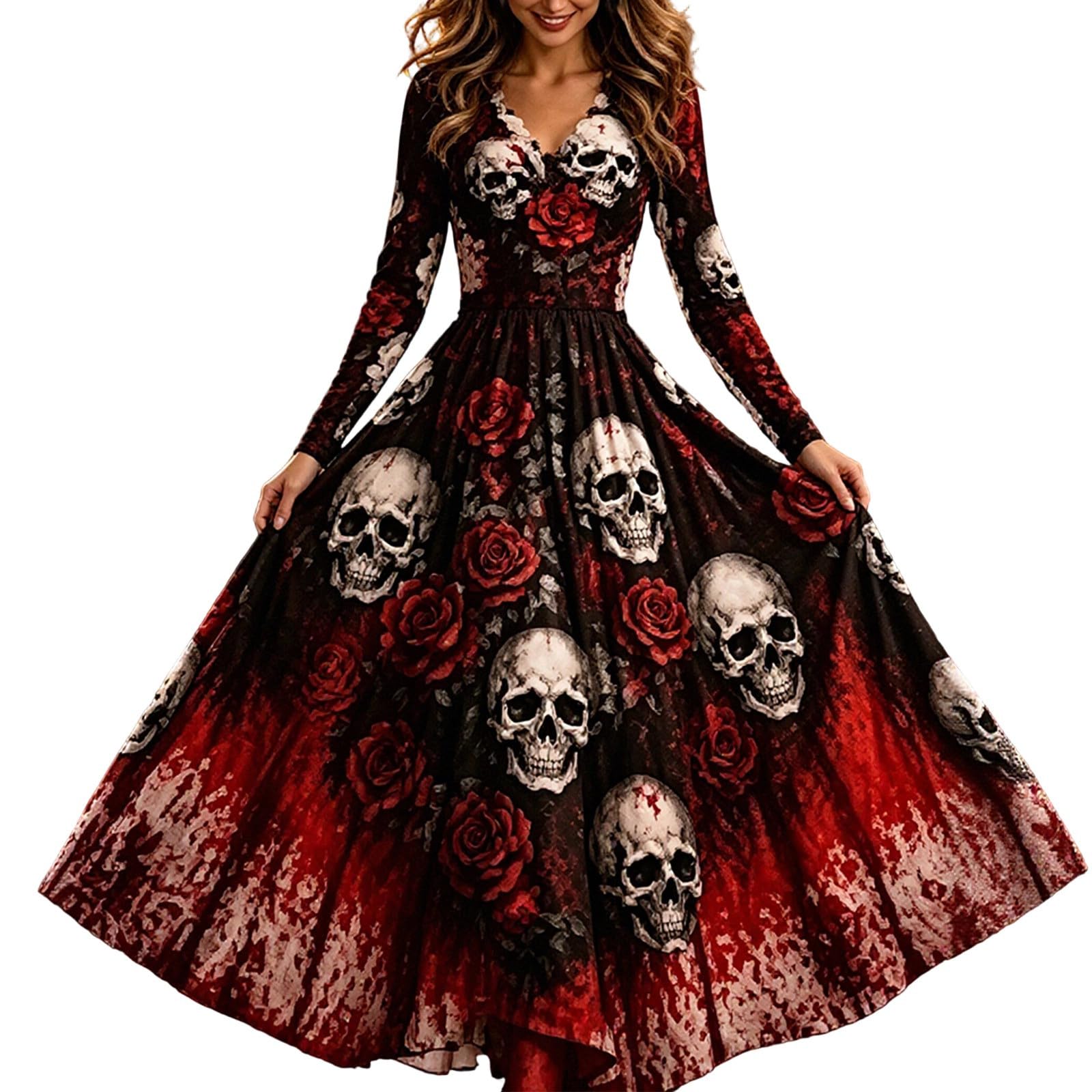 Halloween Costumes for Women, Gothic Dress Skeleton Print Costume UK Ladies V Ne