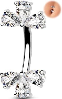 Melighting 14G Double Teardrop CZ Gold Belly Button Ring 316L Surgical Steel Navel Ring 3 Stone Drop Design Belly Bar Piercing Jewelry for Women 8 mm/10 mm