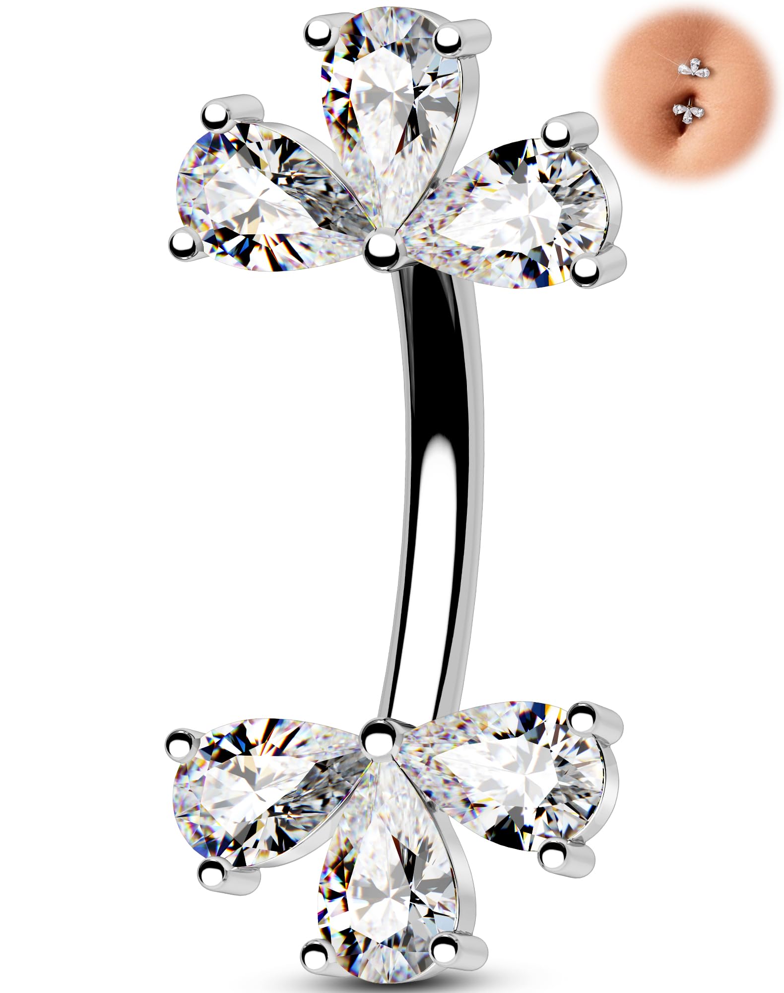 Melighting 14G Double Teardrop CZ Gold Belly Button Ring 316L Surgical Steel Nav