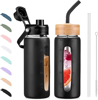 BLUEGO 600ml Glass Water Bottle with Straw and 2 Lids Glass Coffee Cup with Time Marker and Silicone Protector Glass Tumbler for Beverages Soda Cola BPA Free, Black