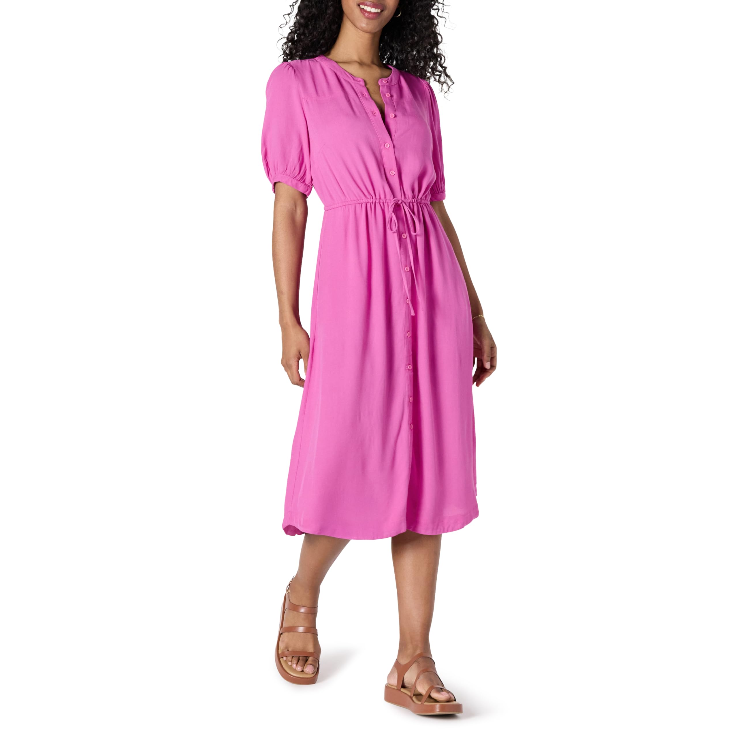 Amazon Essentials Women's Loose-Fit Waist Half Sleeve Midi Shirt Dress with Pock