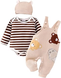 Baby Boy Clothes Newborn Striped Romper Fall Outfits + Infant Cartoon Suspender Overall + Cute Hat 3 Pcs 0-18 Months