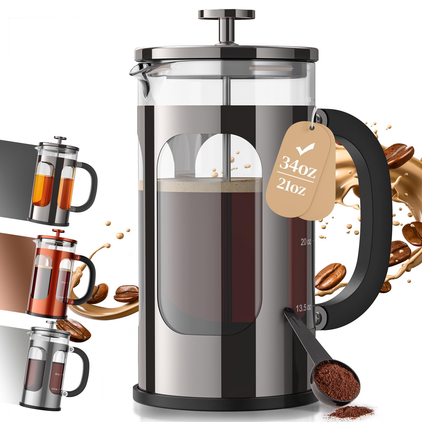 Veken 34oz French Press Coffee Maker, No Plastic Touching Cafe,1 L Cafetera | Th