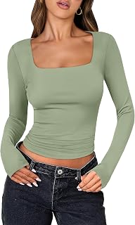 ANRABESS Women Double Lined Long Sleeve Crop Tops Shirts Square Neck Tight Fitted Going Out T-Shirt Basic Tee Outfits 2026