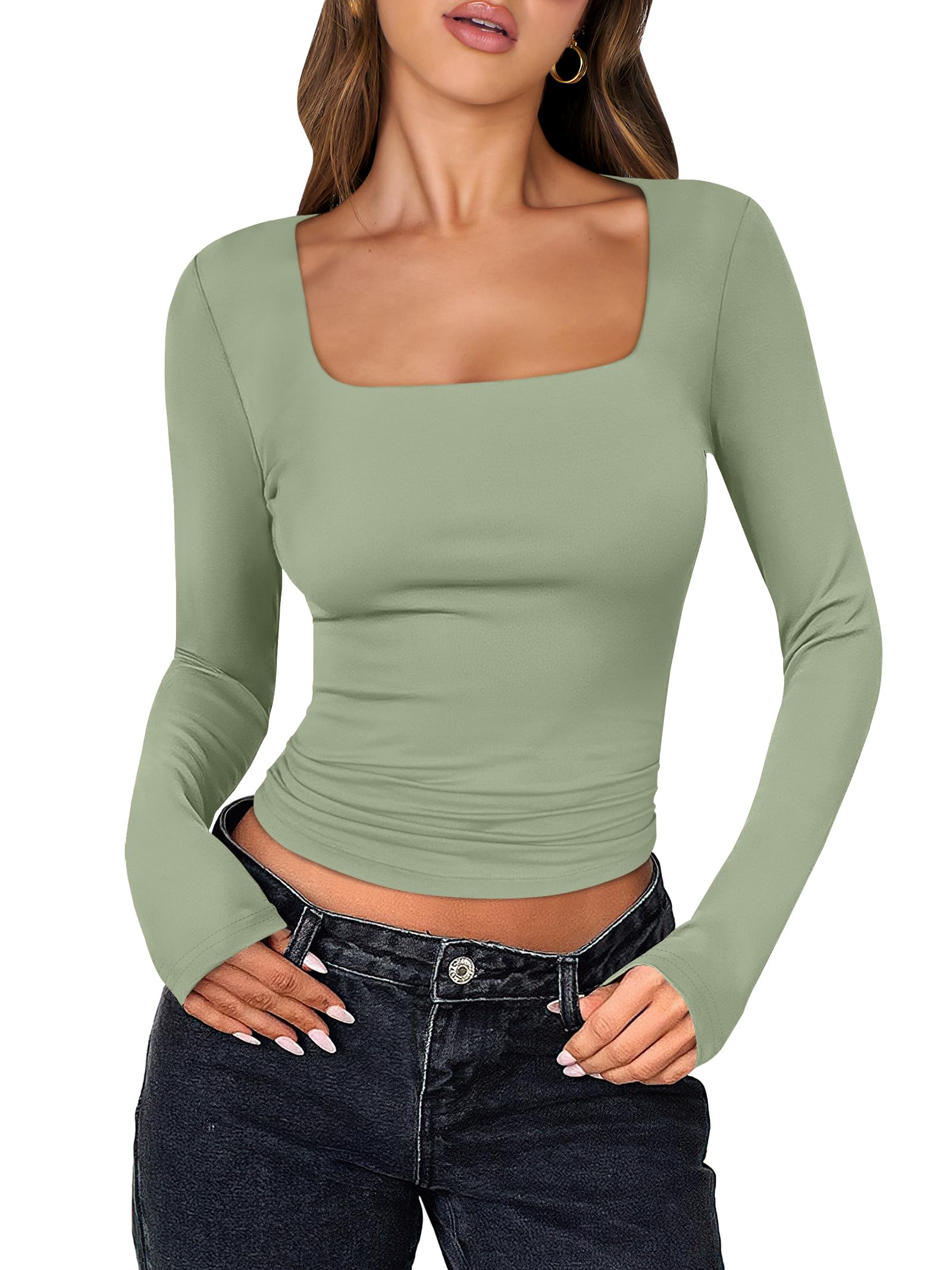 ANRABESS Women Double Lined Long Sleeve Crop Tops Shirts Square Neck Tight Fitte