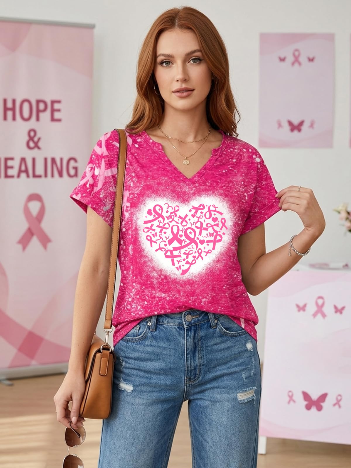 YHHR Breast Cancer Awareness Shirt Pink Cancer Survivor V-Neck Shirt Tops