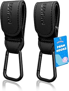 Bdwing 2pcs Buggy Clips for Changing Bag Handbag, Non-Slip PU Leather Pram Hook for Buggy Pram Rocker Stroller Pushchair Rollator Mobility Scooter Universal Accessories Baby Travel Essentials (Black）