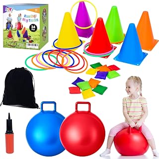 JOY SPOT! 34PCS 4 in 1 Carnival Outdoor Games Combo Set for Kids | Ring Toss, Bean Bags, Hopper Balls, Fun for Backyard, Field Day, Birthday Parties, Family Events, Back to School