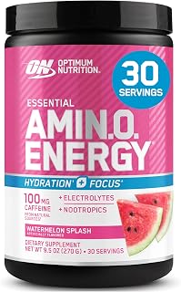 Optimum Nutrition Amino Energy Powder Plus Focus, Watermelon, 9.5 Oz | Contains BCAAs, Electrolytes, 100 mg Caffeine, 5g Amino Acids, Zero Sugar, Supports Hydration, Banned Substance Tested