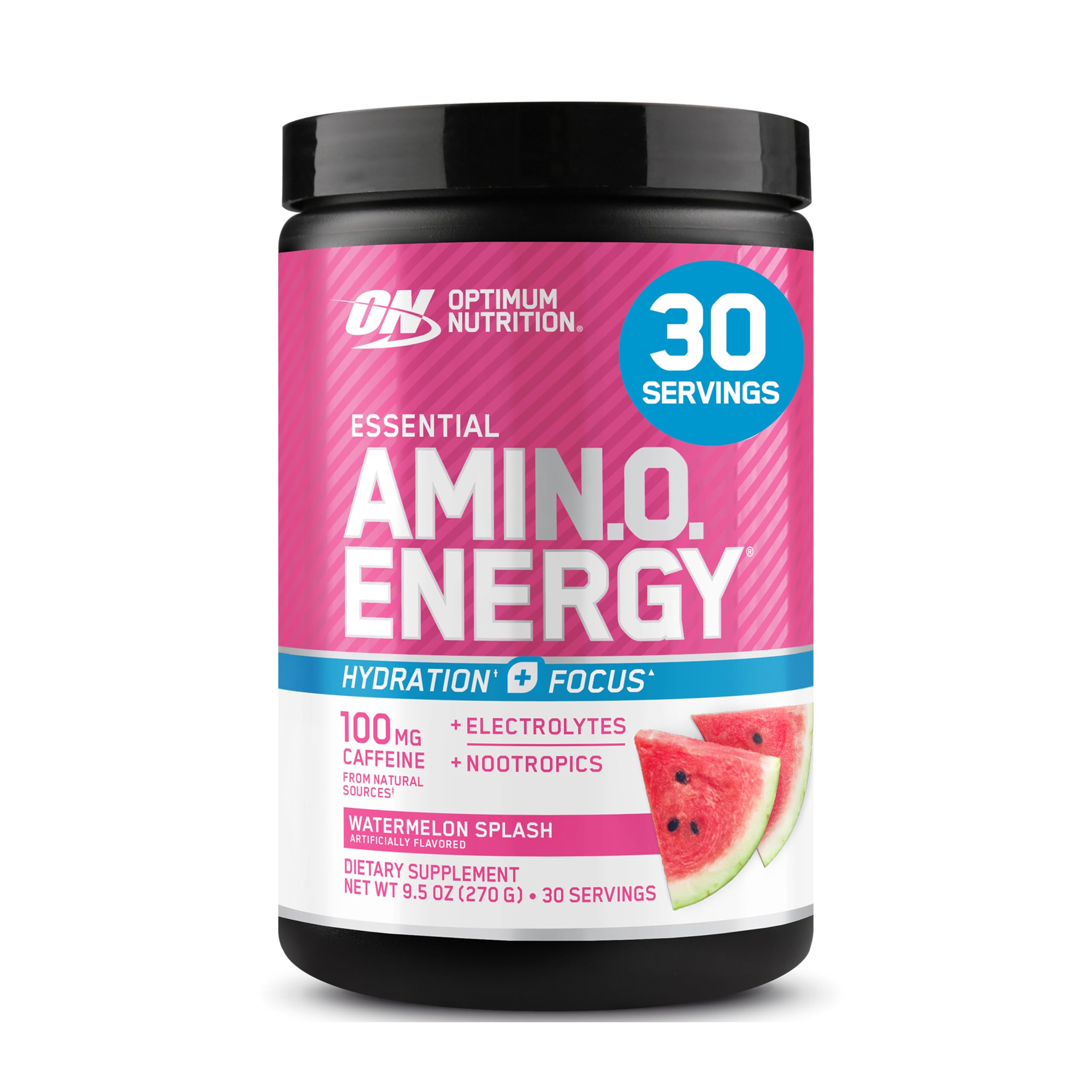 Optimum Nutrition Amino Energy Powder Plus Focus, Watermelon, 9.5 Oz | Contains 