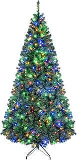 Goplus 5ft Pre-Lit Artificial Christmas Tree with 150 Lights, 11 Light-Mode | Lighted Hinged Xmas Full Tree with 600 Tips, Warm White & Multicolored LED Twinkling Lights, Metal Base, Home Decoration