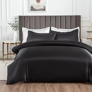 Morbuy Satin Duvet Cover Set 3 Piece - Silky Bedding Set for Hair and Skin Care, Luxury Silk Feel Aesthetic Bedding with 2 Pillowcases, Durable 105GSM High-Density Fabric, 200x200cm, Black