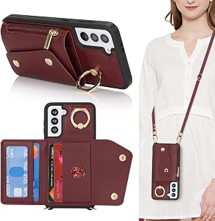 Lipvina for Samsung Galaxy S21 FE Case with Card Holder and Strap - Zipper Pocket,Crossbody Lanyard Strap,Credit Card Holder,Stand Ring,Cute Phone Wallet Case for Women(Wine Red,6.4 Inch)