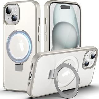DASFOND Mag-Stand For iPhone 15 Case, 2023 Upgraded [All-in-One] [MagSafe] Invisible Ring Kickstand Transparent Matte Phone Case Cover for iPhone 15 6.1 inch Gray