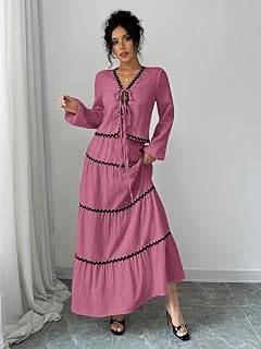 Two piece long sleeve maxi dress with ruffle trim and bow at neckline, elegant tiered skirt for women special occasion