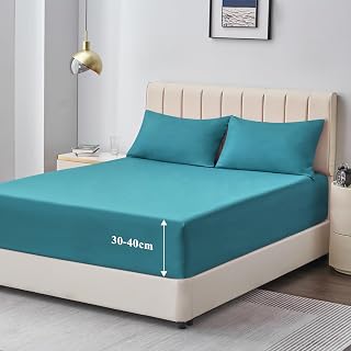 Aisbo King Size Fitted Sheet Teal - Extra Deep Pocket Bed Sheet 16 inch 40 cm - Microfiber Bottom Sheet, 150x200cm