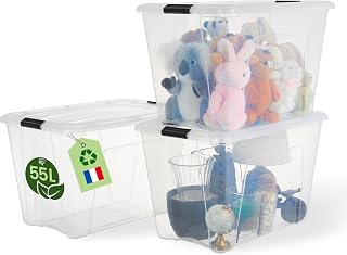 Iris Ohyama, Plastic Storage Box with Lid, 55L, Pack of 3, Clear, 98% Recycled Plastic, Locking Clips, Handle, Stackable, for Bedroom, Office, BPA-Free, BSB-55