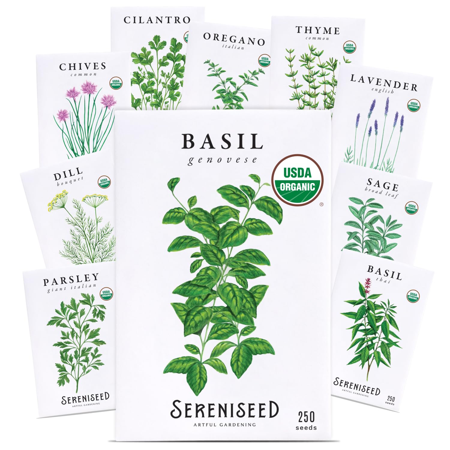 Sereniseed Certified Organic Herb Seeds 10-Pack, Culinary Garden Kit | Non-GMO H
