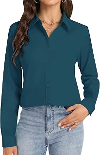 J.Ver Camicia da Donna a Maniche Lunghe con Bottoni, Senza Pieghe, Elasticizzata, Tinta Unita, Blu Pavone, L