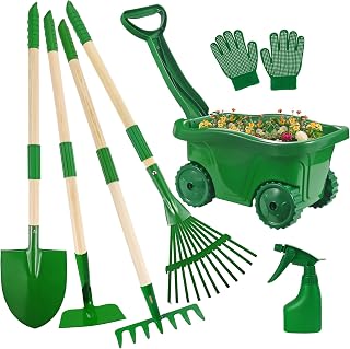 Duckura Kids Gardening Tools Set - 7pcs Wheelbarrow Set for Kids | with Shovel, Rake, Leaf Rake, Summer Outdoor Yard Digging Weed Birthday Gifts Toys, Easter for Boys Girls Age 2 3+ Years