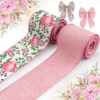 2 Rolls Spring Flowers Ribbons for Wreath Bows, 2.5"10 Yards Wired Edge Pink Burlap With Floral Leaves for Crafting Spring Wedding Decorations Supplies