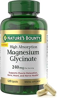 Nature’s Bounty High Absorption Magnesium Glycinate 240 mg Capsules, 120 ct | Supporting Muscle Relaxation and Bone, Heart & Nerve Health – Non-GMO, Gluten-Free, Vegetarian, 120 Count/60 Servings