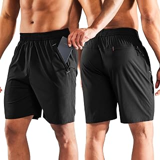 MIER Pantaloncini da corsa da uomo ad asciugatura rapida con tasca con cerniera, elastico in vita atletica allenamento fitness pantaloncini da 7 pollici, Nero / Nero, S