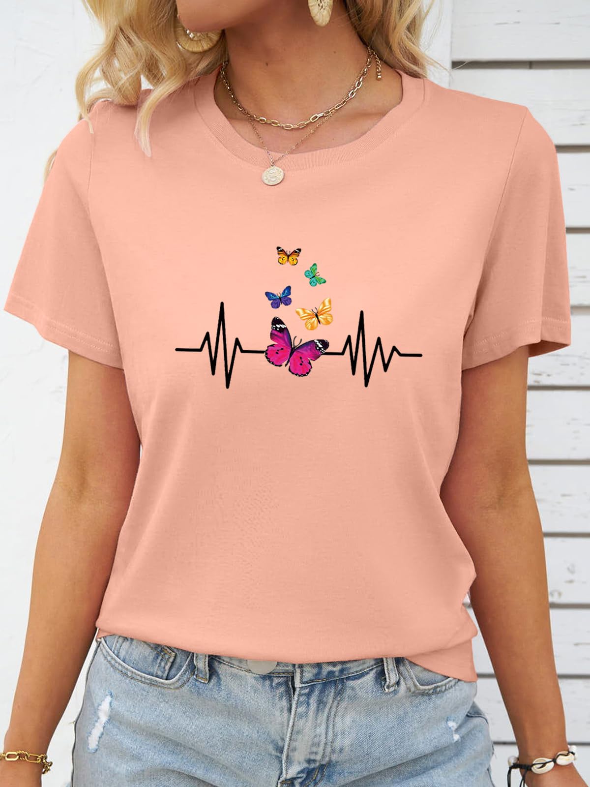 Women's Letter Butterfly Print Graphic Crew Neck Short Sleeve Casual Holiday Fas