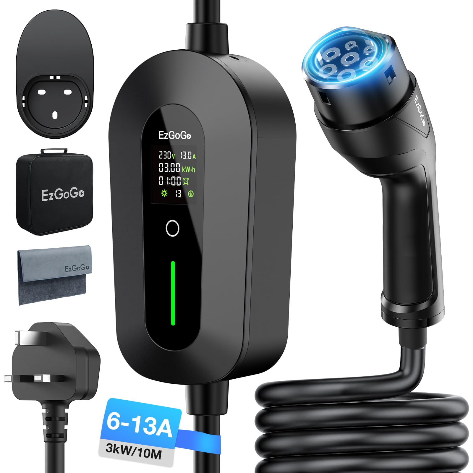 EzGoGo EV Charger 3 Pin Plug 32.81Ft/10M 3kW 6-13A Type 2 Charging Cable | IP65 