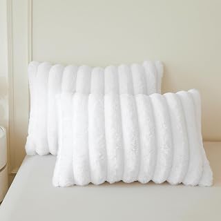 MEGO Fluffy Faux Rabbit Fur Ribbed Standard Pillow Cases Set of 2, White