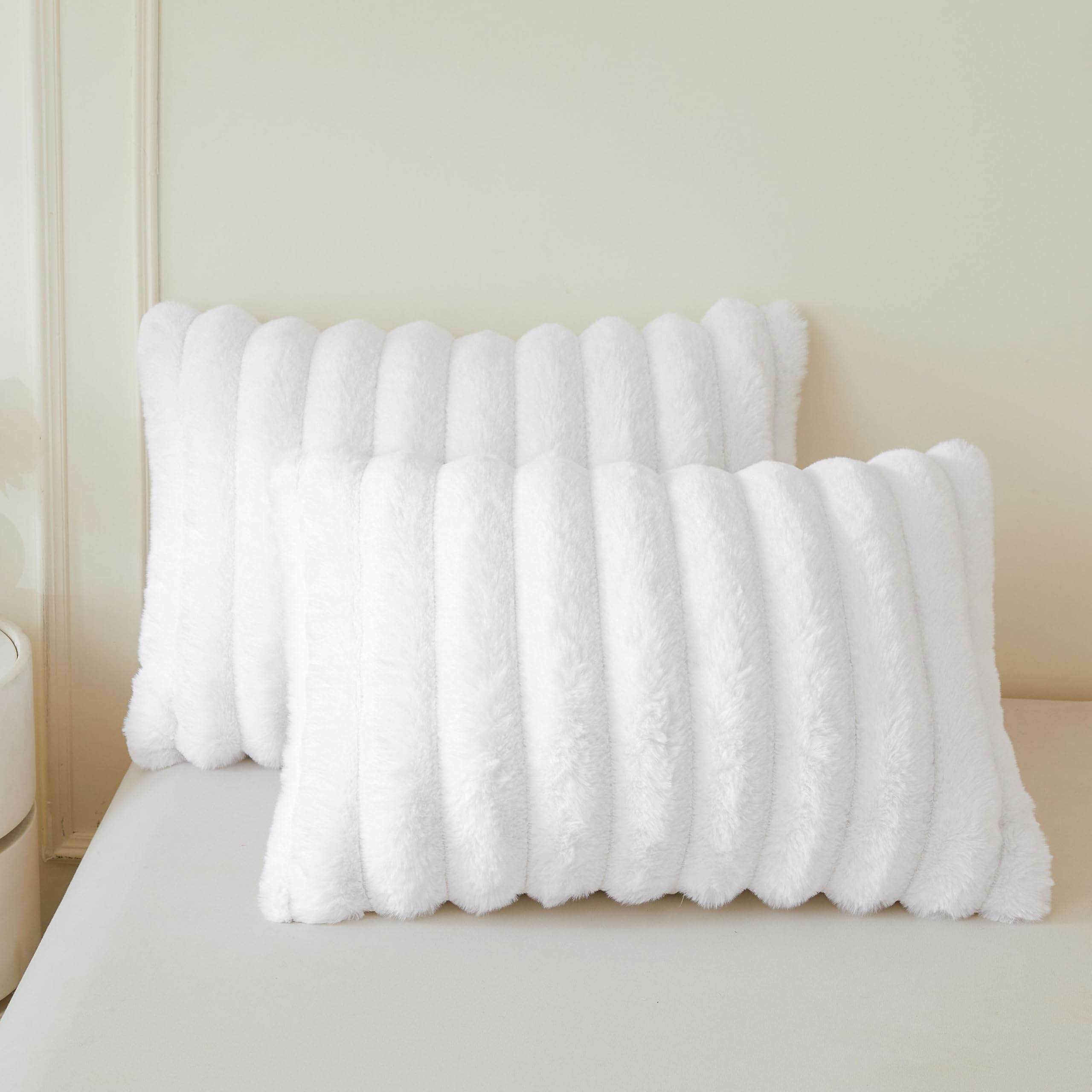 MEGO Fluffy Faux Rabbit Fur Ribbed Standard Pillow Cases Set of 2, White