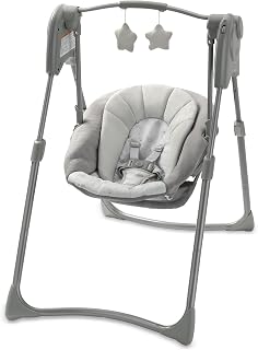 Graco Slim Spaces Compact Baby Swing, Reign | Easy Fold with Carry Handle, Height-Adjustable Legs, Multiple Swing Speeds, Comfortable Infant Head Support, Overhead Toy Bar