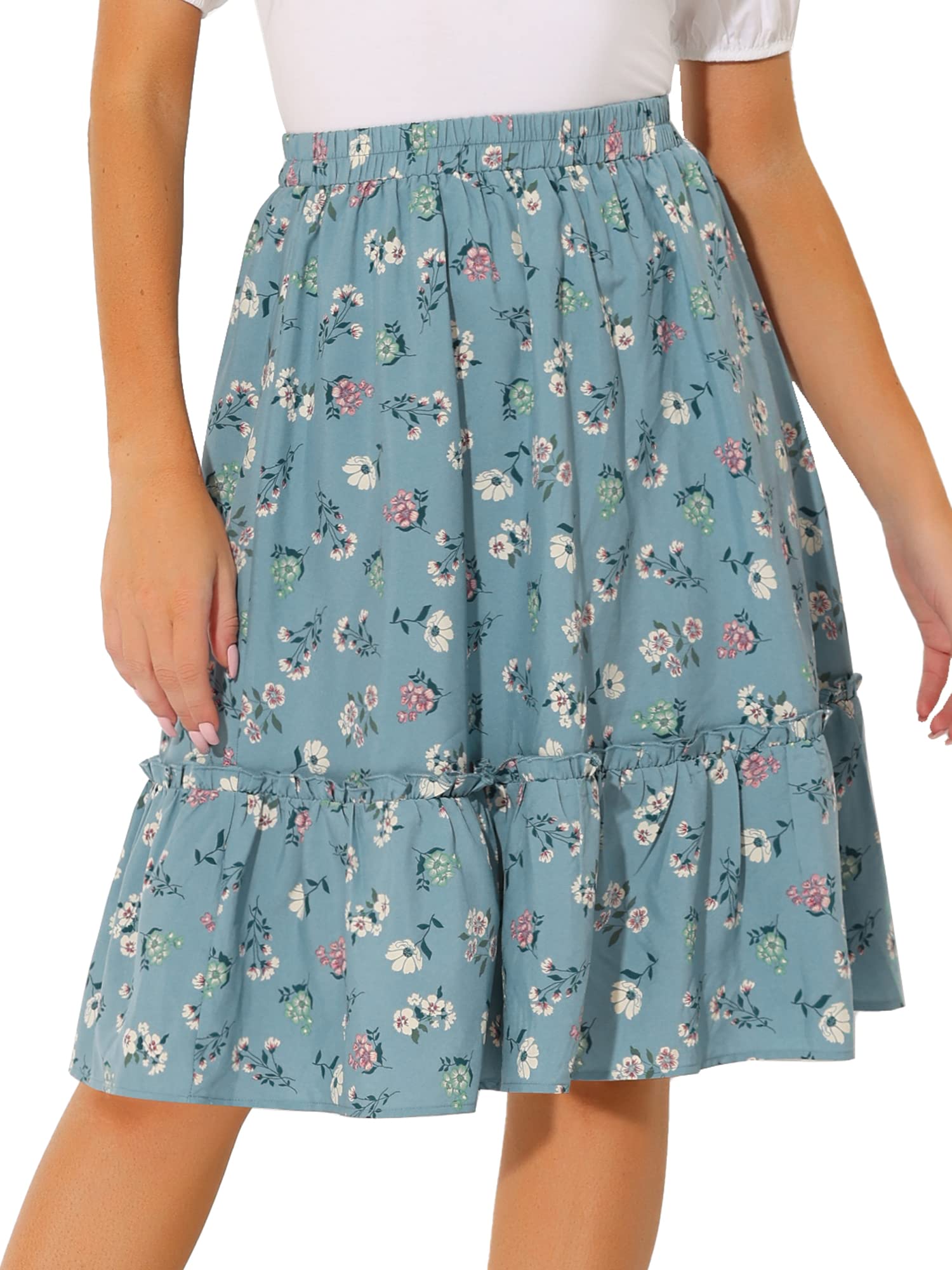 Allegra K Women's Knee Length Skirt Floral Elastic Waist Flowy Tiered A-Line Ruf