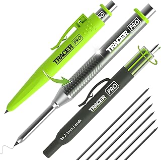 Tracer Pro Aluminum 2.8mm Construction Pencil Mechanical Carpenter Pencils | Heavy Duty Metal Body, 6 Replacement Leads in Holder, High Vis Site Holster with Belt Clip & Sharpener