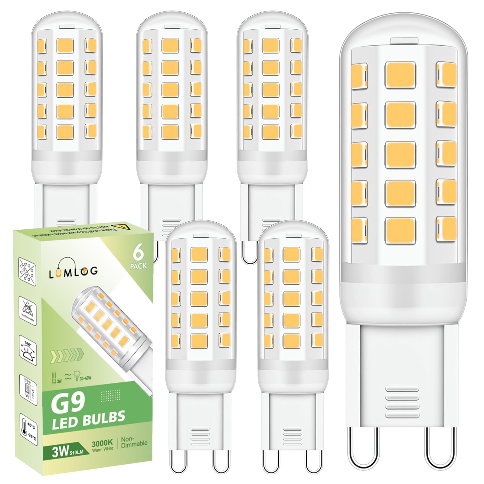 Lumlog G9 Led Bulbs Warm White 6-Pack, 3W 510 Lm 3000 Kelvin G9 Led Light Blubs,